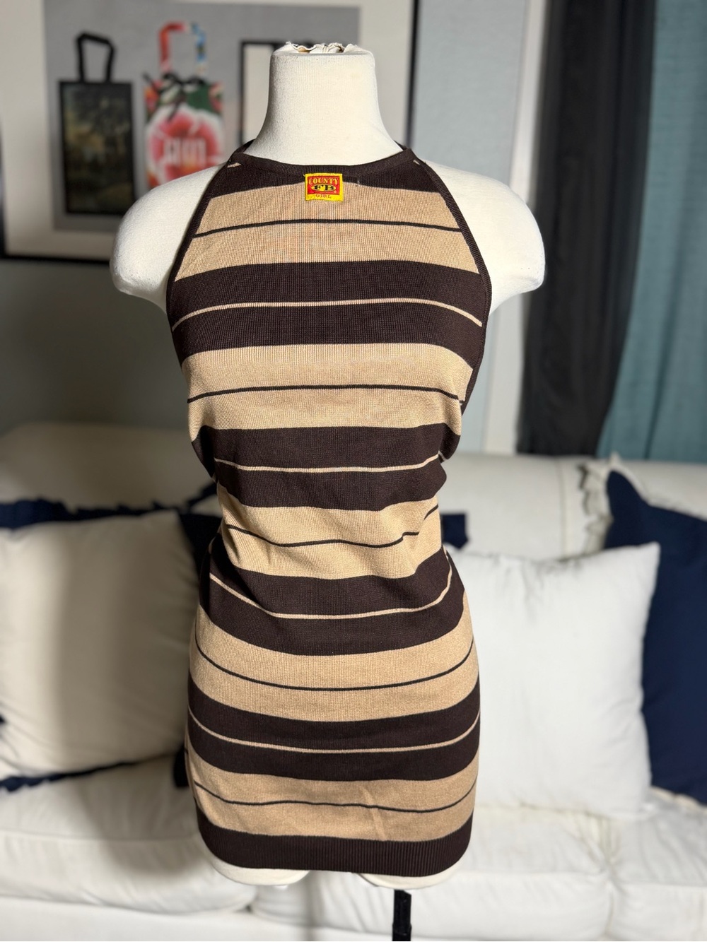Striped One-Shoulder Knit Dress in Beige and Brown